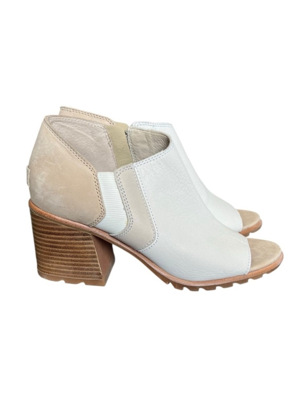 Sorel Nadia 8.5 White Tan Peep Toe Heeled Ankle Boots Booties